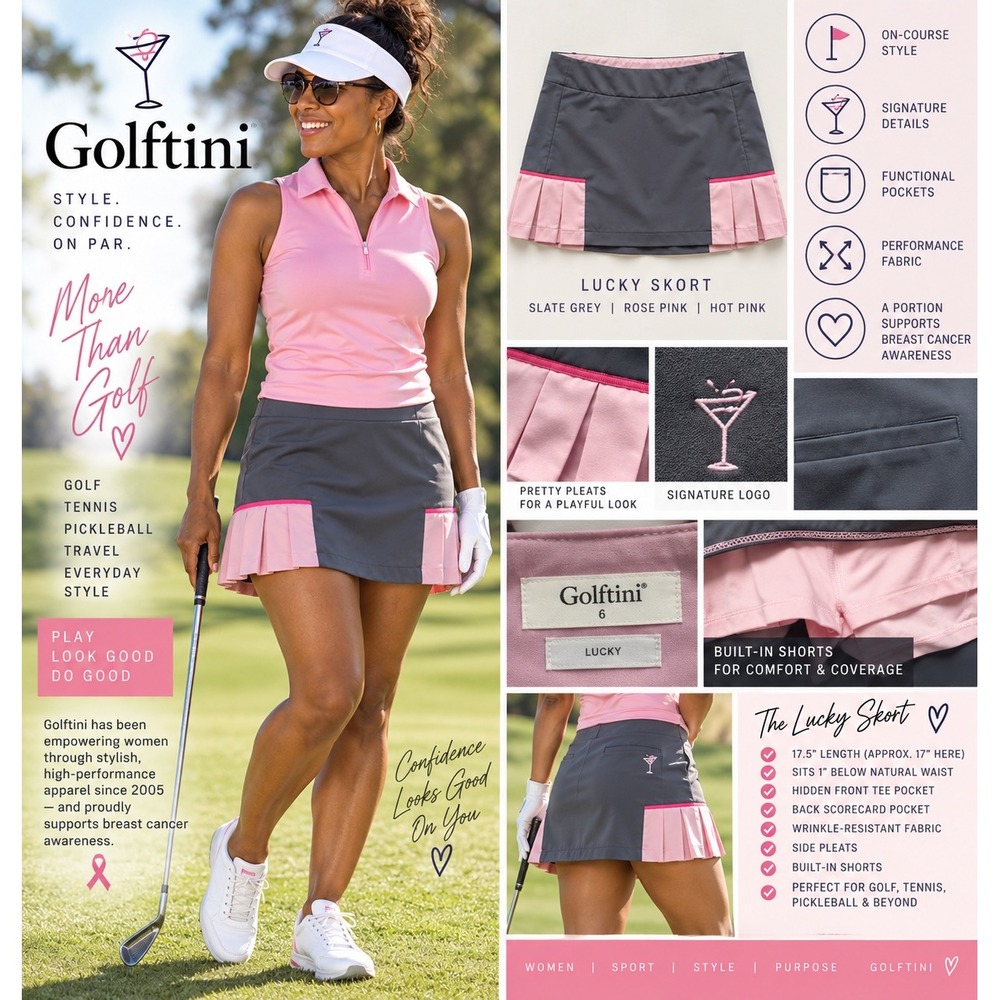 Golftini Lucky Golf Skort Womens 6 Gray Pink Pleated Built In Shorts 17"